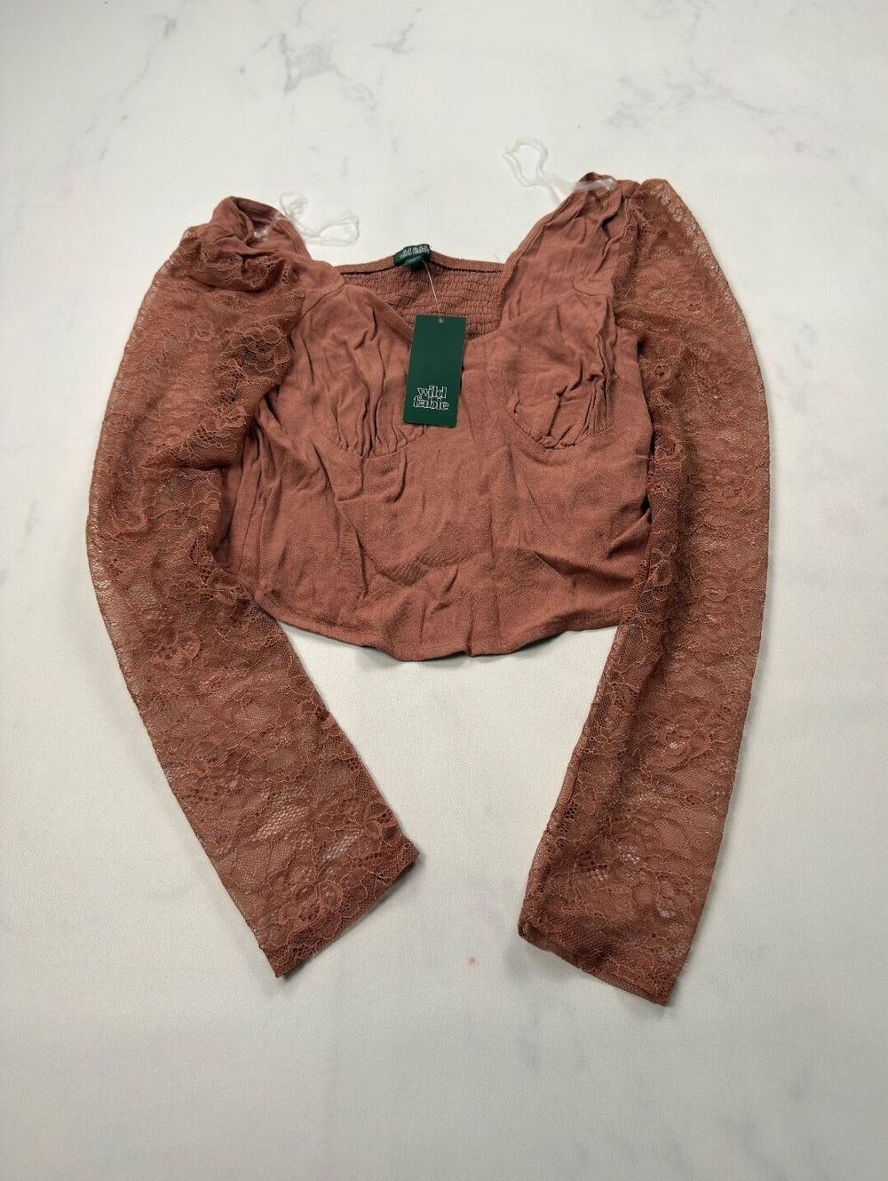 Wild Fable Blouse Brown Lace Puff Sleeve Crop Top - Womens S NWT